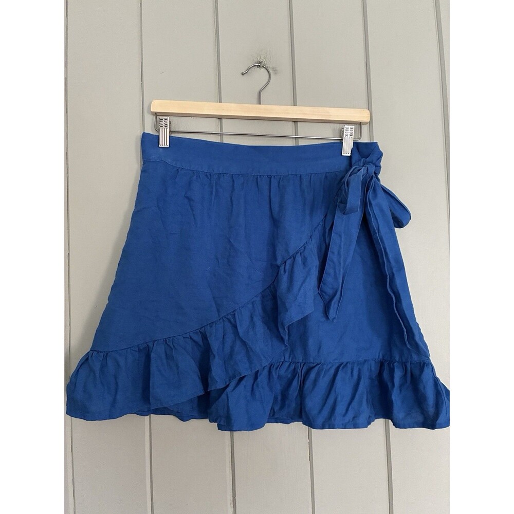 Boden 100% Linen Flippy Wrap Skirt 8 Sapphire Blue Ruffle